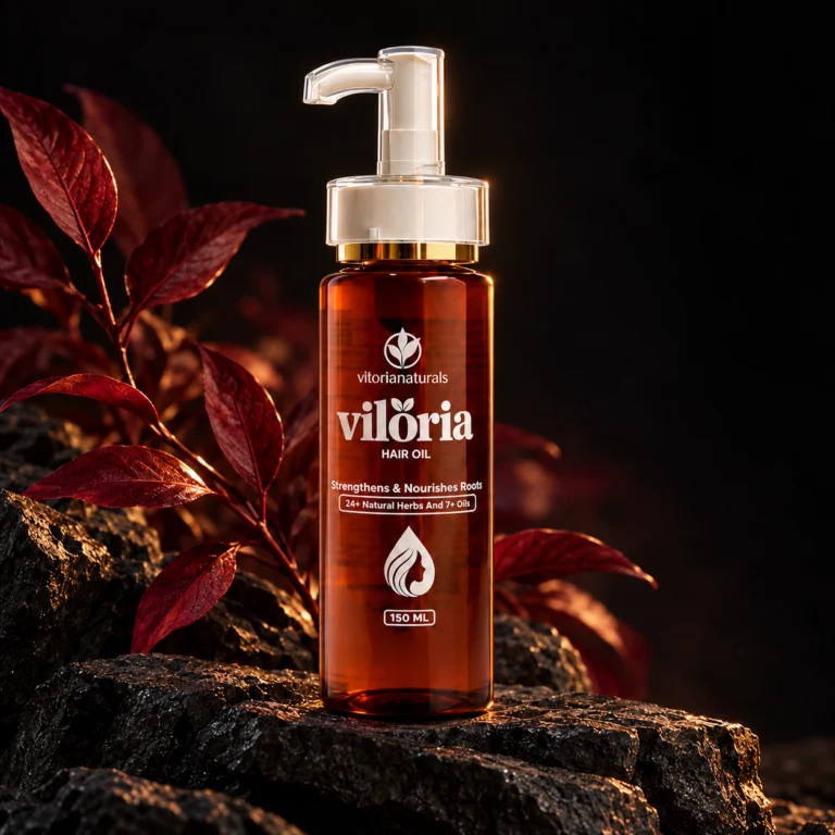 Viloria Hair Oil bottle against a dark background